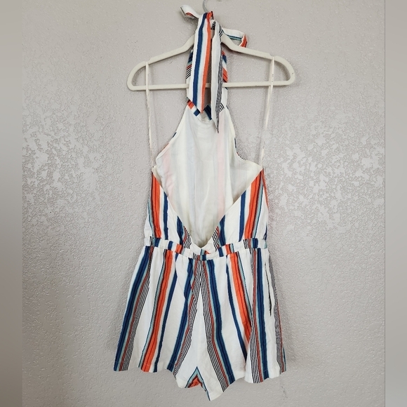 Moon River LINEN COTTON blend Striped Halter Romper White Blue Orange - Picture 8 of 11